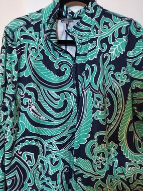 T By Talbots Navy and Teal Paisley 1/4 Zip-Front Lightweight Jacket
